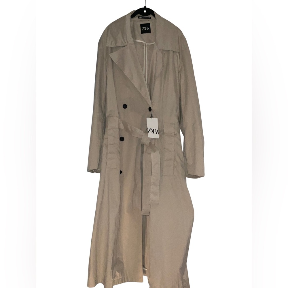 ZARA NWT Technical Trench Coat Sand Long Double-Breasted L/XL retail $169 - Picture 4 of 12